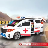 ECOMMZ Rotating Ambulance Toy Car Electric Door Open with Light Music Universal Wheel Ambulance Toy Car