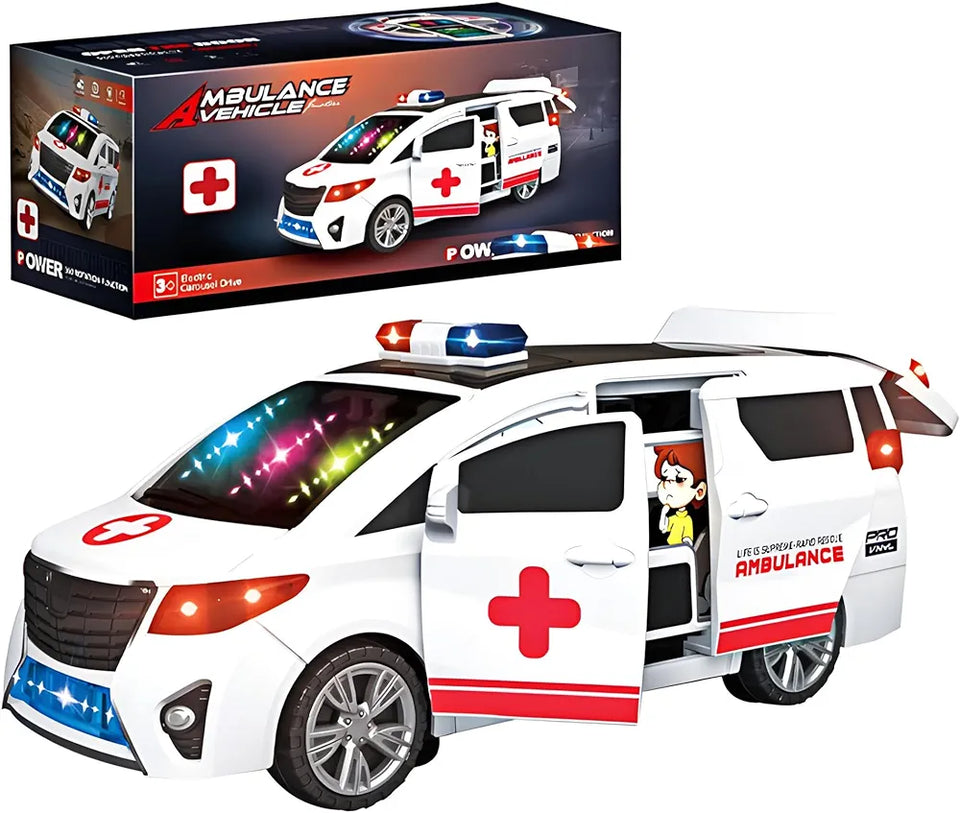 ECOMMZ Rotating Ambulance Toy Car Electric Door Open with Light Music Universal Wheel Ambulance Toy Car