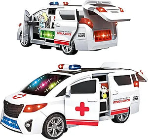 ECOMMZ Rotating Ambulance Toy Car Electric Door Open with Light Music Universal Wheel Ambulance Toy Car