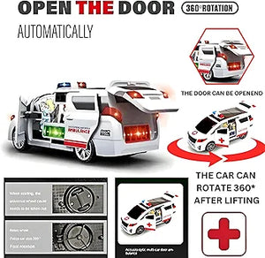 ECOMMZ Rotating Ambulance Toy Car Electric Door Open with Light Music Universal Wheel Ambulance Toy Car