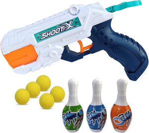 Chocozone Dual Function Shooting Gun Toy Ball Blaster Gun Foam Shooter with 3 Bowling Pins & Water Gun