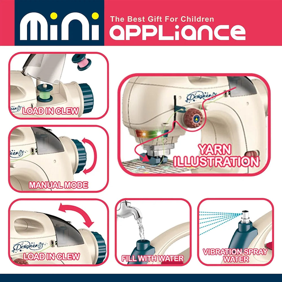 Reva Mini Pretend Play Sewing Machine Toy Set - Portable Appliance with Needle Protector and Light | Perfect Gift for Kids Ages 3+